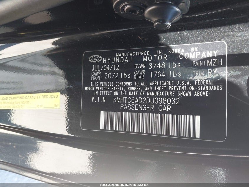 2013 Hyundai Veloster Base W/Gray VIN: KMHTC6AD2DU098032 Lot: 45559996