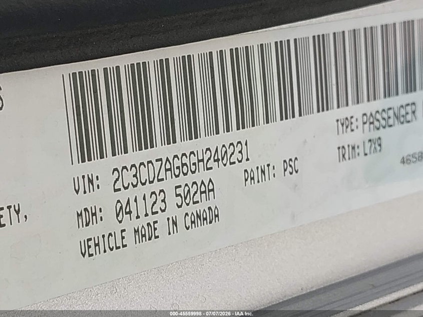 DODGE CHALLENGER 2016 VIN 2C3CDZAG6GH240231