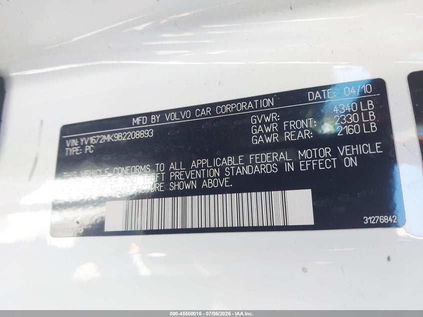 2011 Volvo C30 T5/T5 R-Design VIN: YV1672MK9B2208893 Lot: 45560016