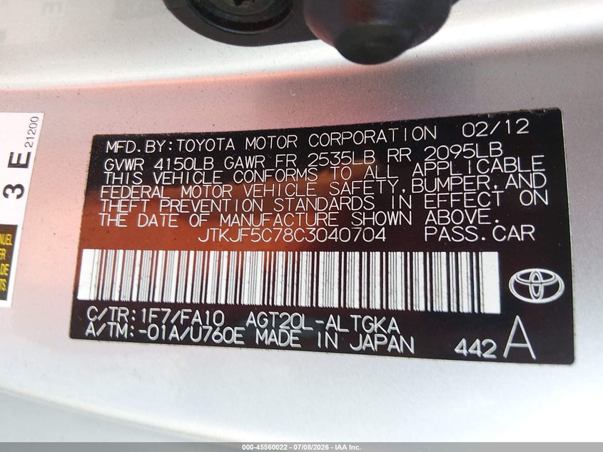2012 Scion Tc VIN: JTKJF5C78C3040704 Lot: 45560022