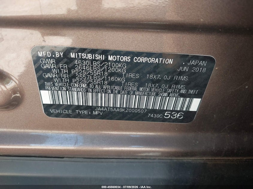 2019 Mitsubishi Eclipse Cross Sel VIN: JA4AT5AA9KZ000507 Lot: 45560034