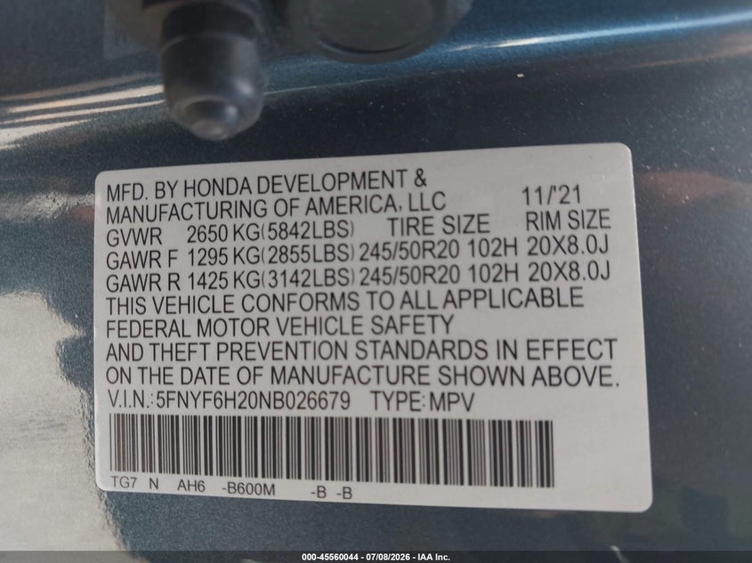 2022 Honda Pilot Awd Special Edition VIN: 5FNYF6H20NB026679 Lot: 45560044