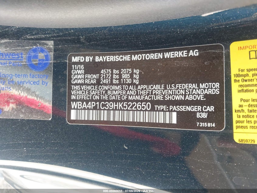 BMW 440I 2017 VIN WBA4P1C39HK522650