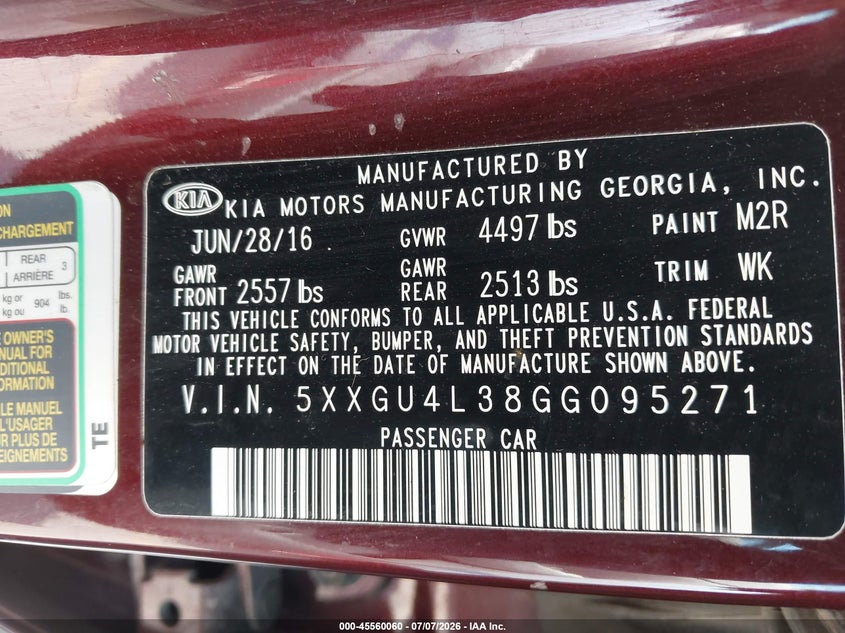 2016 Kia Optima Ex VIN: 5XXGU4L38GG095271 Lot: 45560060