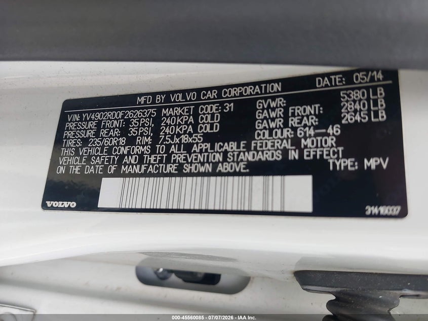 2015 Volvo Xc60 T6 Platinum VIN: YV4902RD0F2626375 Lot: 45560085