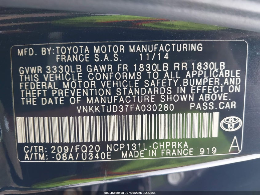2015 Toyota Yaris L VIN: VNKKTUD37FA030280 Lot: 45560108