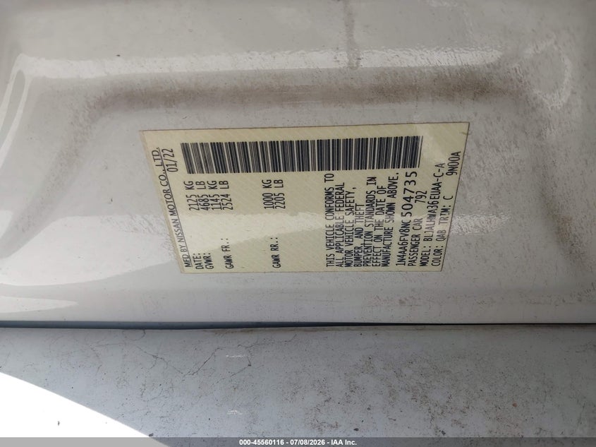 2022 Nissan Maxima Platinum Xtronic Cvt VIN: 1N4AA6FV8NC504735 Lot: 45560116