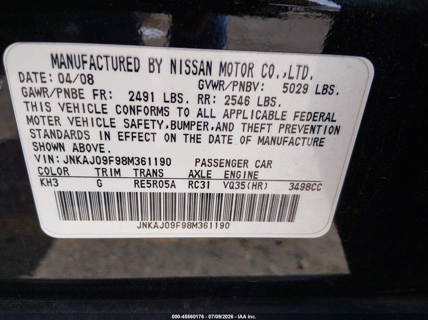2008 Infiniti Ex35 Journey VIN: JNKAJ09F98M361190 Lot: 45560176