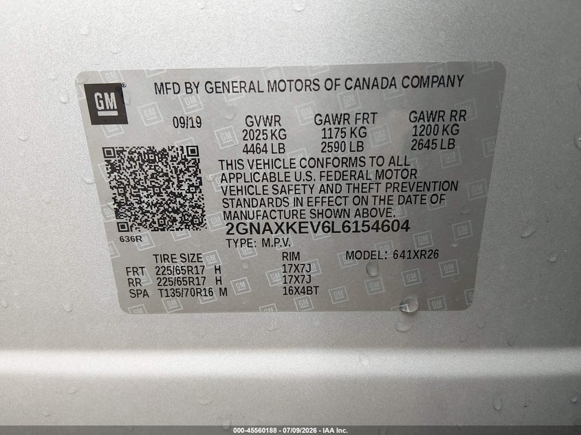2020 Chevrolet Equinox Fwd Lt 1.5L Turbo VIN: 2GNAXKEV6L6154604 Lot: 45560188