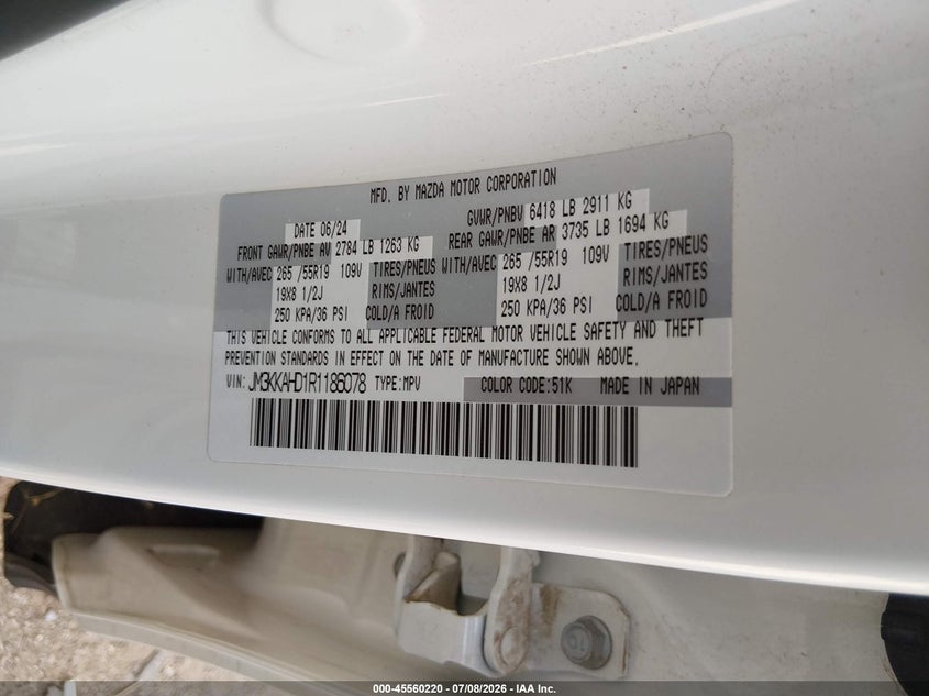 2024 Mazda Cx-90 3.3 Turbo Select VIN: JM3KKAHD1R1186078 Lot: 45560220
