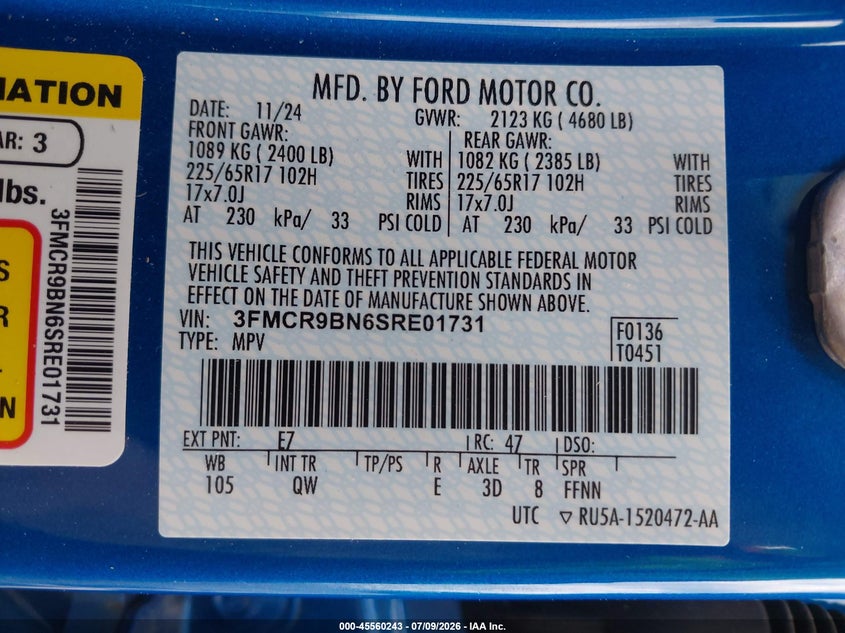 2025 Ford Bronco Sport Big Bend VIN: 3FMCR9BN6SRE01731 Lot: 45560243
