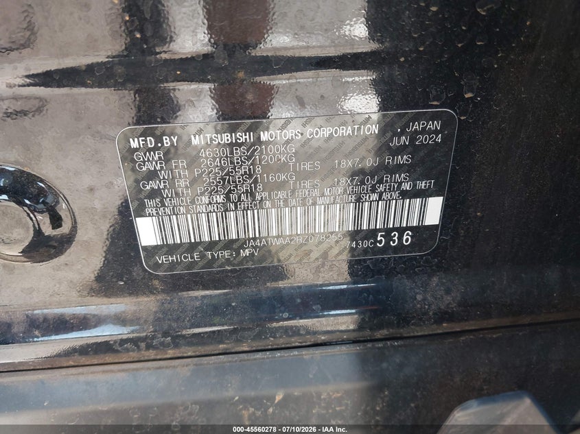 2024 Mitsubishi Eclipse Cross Se S-Awc/Sel S-Awc VIN: JA4ATWAA2RZ078255 Lot: 45560278
