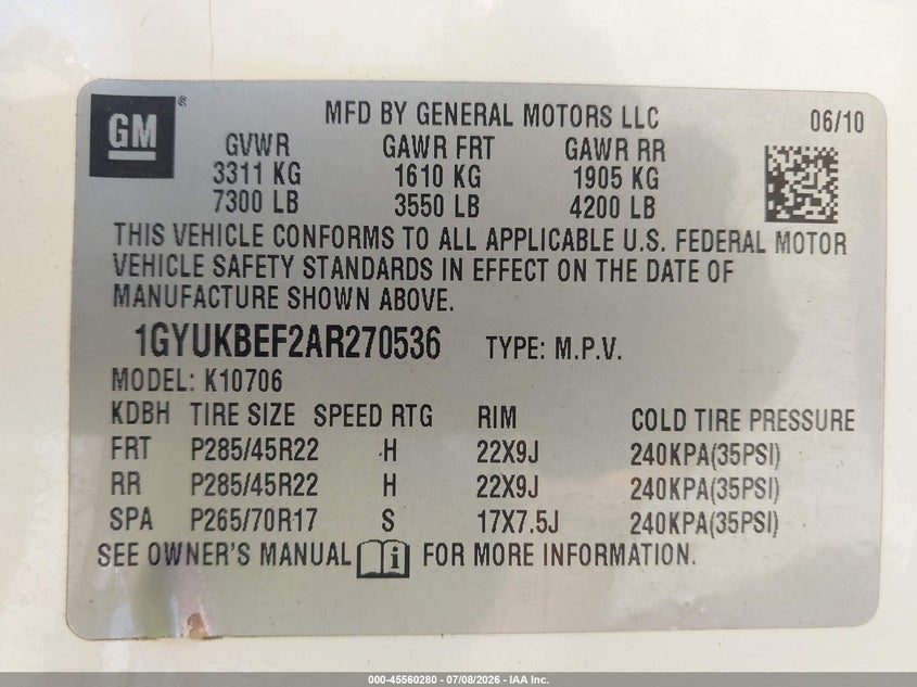 2010 Cadillac Escalade Luxury VIN: 1GYUKBEF2AR270536 Lot: 45560280