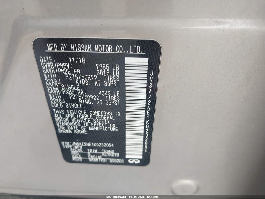 2019 Infiniti Qx80 Luxe VIN: JN8AZ2NE1K9232054 Lot: 45560351