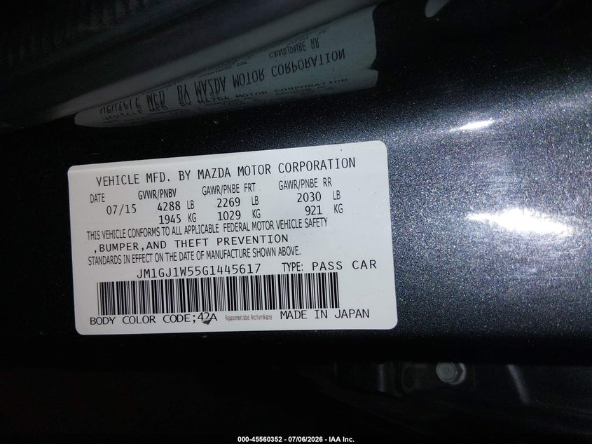 2016 MAZDA 6 SEDAN 2.5L I-4 DI, DOHC, VVT, 184HP