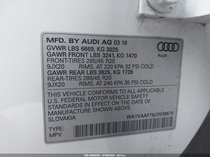 2018 Audi Q7 3.0T Premium VIN: WA1VAAF76JD038575 Lot: 45560392