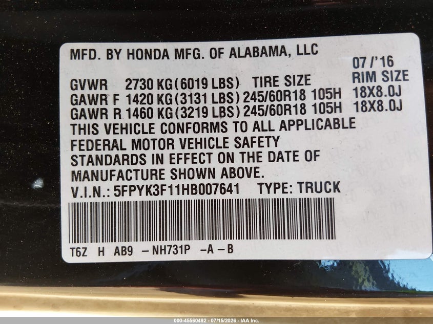 2017 Honda Ridgeline Sport VIN: 5FPYK3F11HB007641 Lot: 45560492