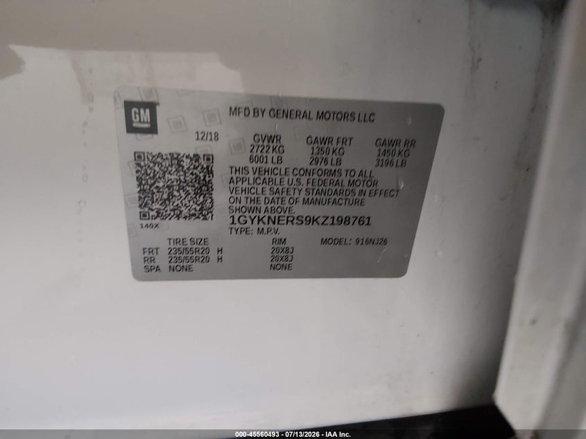 2019 Cadillac Xt5 Premium Luxury VIN: 1GYKNERS9KZ198761 Lot: 45560493