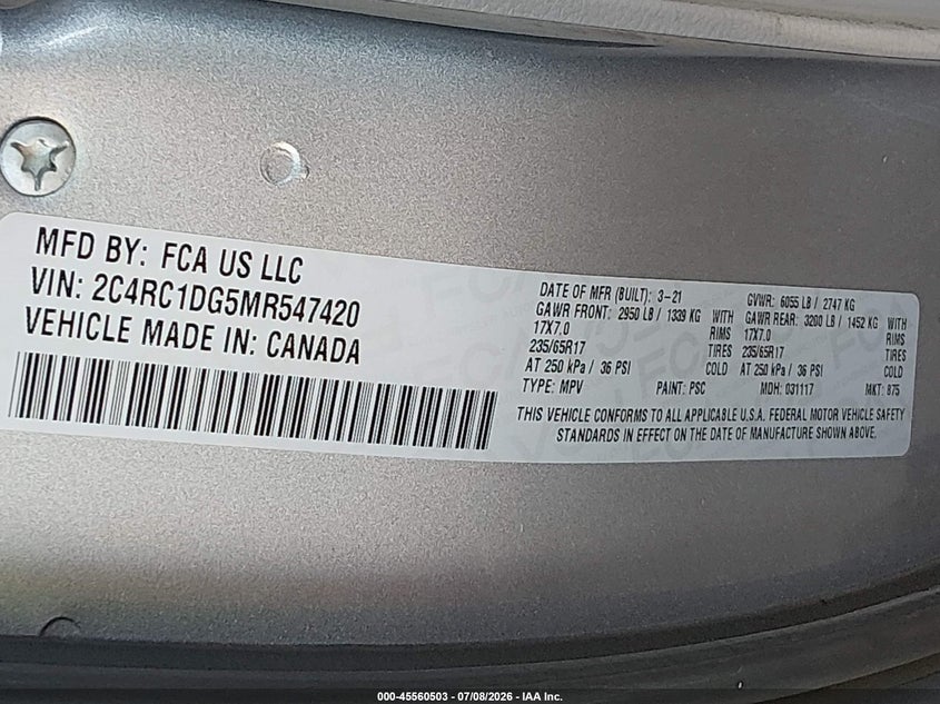 2021 Chrysler Voyager Lxi VIN: 2C4RC1DG5MR547420 Lot: 45560503