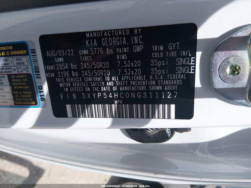 2022 Kia Telluride Sx VIN: 5XYP54HC0NG311127 Lot: 45560523