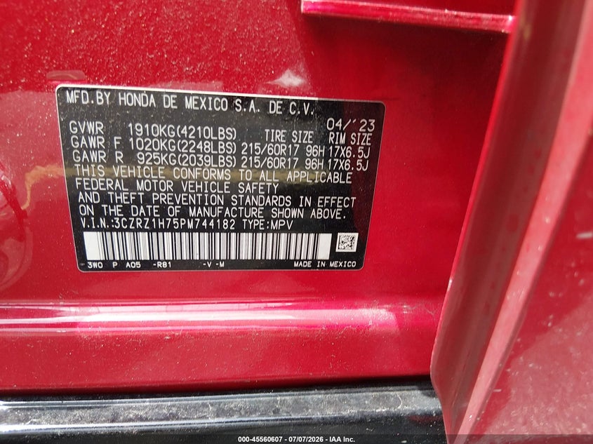 HONDA HR-V 2023 VIN 3CZRZ1H75PM744182