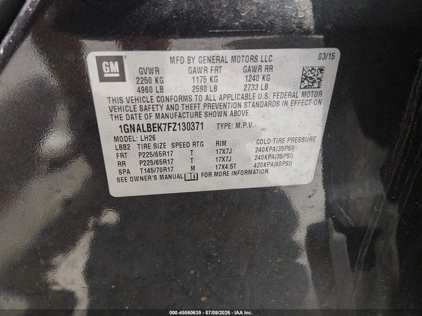 CHEVROLET EQUINOX 2015 VIN 1GNALBEK7FZ130371