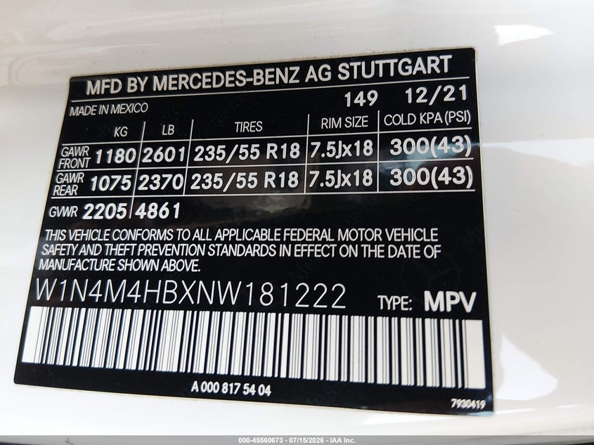 2022 Mercedes-Benz Glb 250 4Matic VIN: W1N4M4HBXNW181222 Lot: 45560673