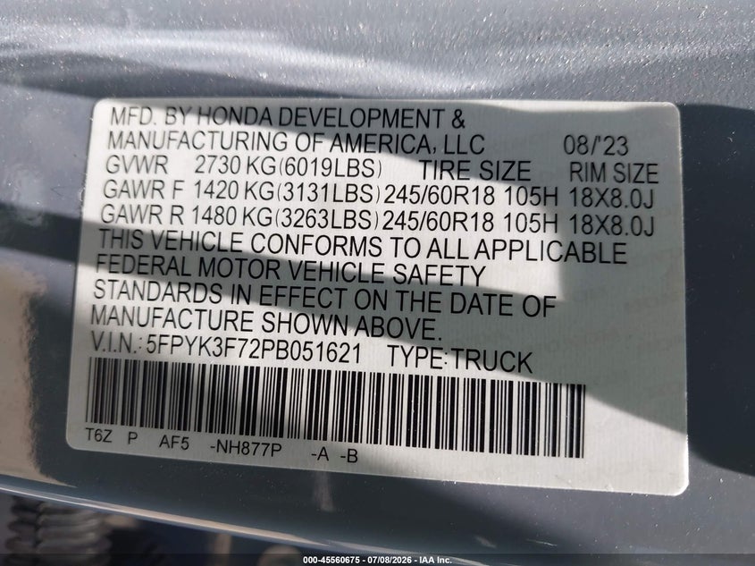2023 Honda Ridgeline Rtl-E VIN: 5FPYK3F72PB051621 Lot: 45560675