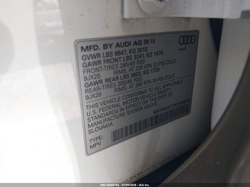 2019 Audi Q7 55 Premium/55 Se Premium VIN: WA1AAAF77KD006976 Lot: 45560763