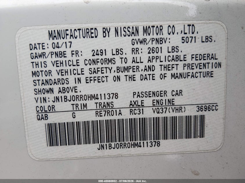 2017 Infiniti Qx50 VIN: JN1BJ0RR0HM411378 Lot: 45560802