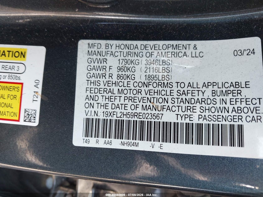 2024 HONDA CIVIC auction photo 8
