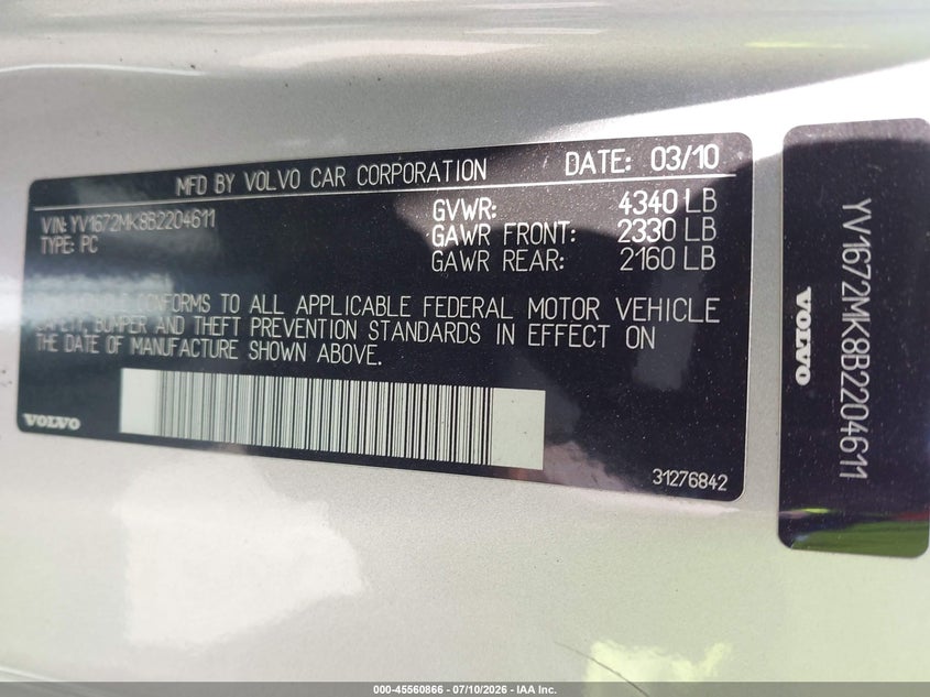 2011 Volvo C30 R-Design/T5 (Retail Only) VIN: YV1672MK8B2204611 Lot: 45560866