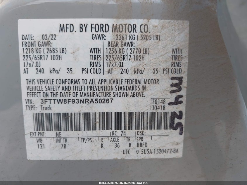 2022 Ford Maverick Xlt VIN: 3FTTW8F93NRA50267 Lot: 45560875
