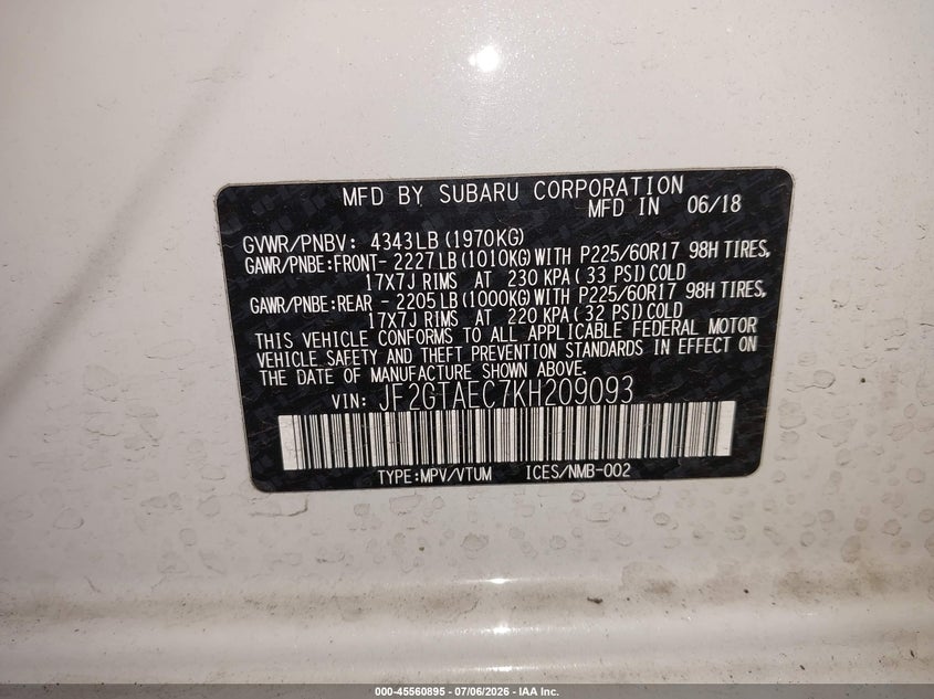 2019 SUBARU XV SPORT UTILITY VEHICLE 2.0L H-4 DI, DOHC, VVT, 152HP