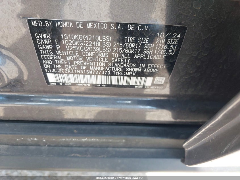 2025 Honda Hr-V 2Wd Lx VIN: 3CZRZ1H31SM727370 Lot: 45560901