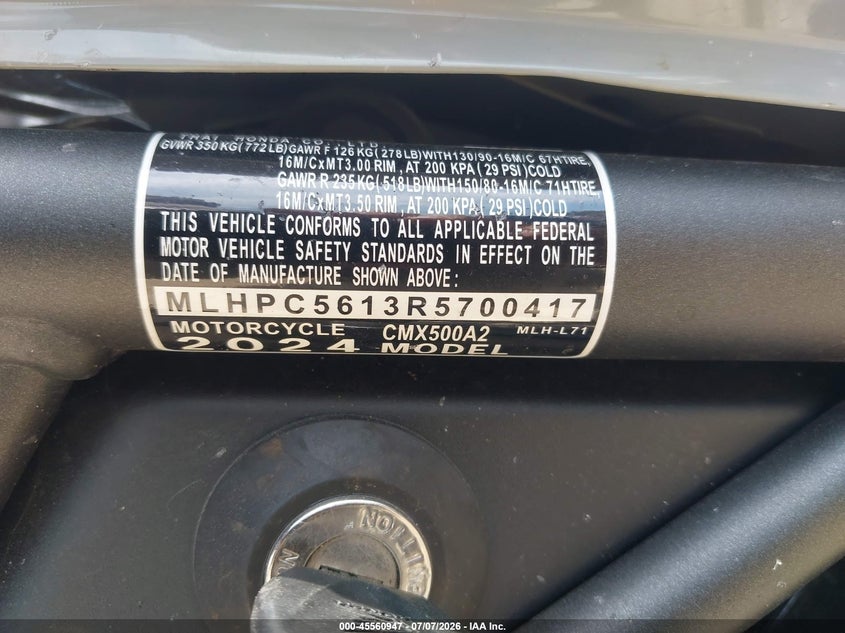 2024 Honda Cmx500 A2 VIN: MLHPC5613R5700417 Lot: 45560947
