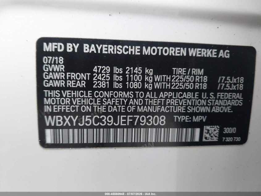 2018 BMW X2 xDrive28I VIN: WBXYJ5C39JEF79308 Lot: 45560948