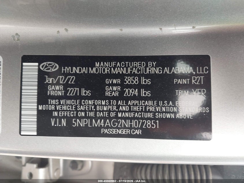 2022 Hyundai Elantra Sel VIN: 5NPLM4AG2NH072851 Lot: 45560962