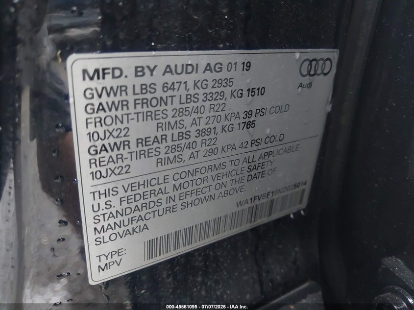 2019 Audi Q8 55 Premium VIN: WA1FVBF16KD025014 Lot: 45561095