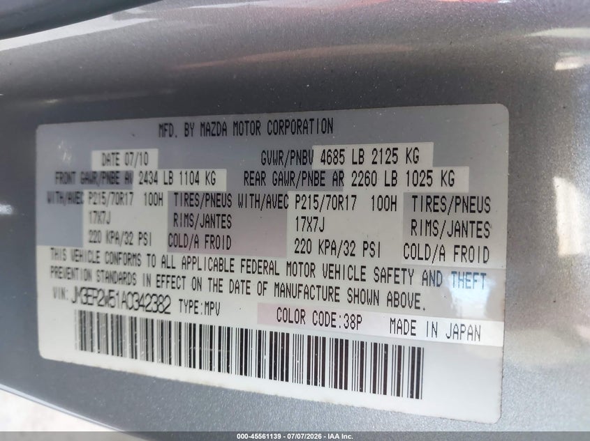 2010 Mazda Cx-7 I Sv VIN: JM3ER2W51A0342382 Lot: 45561139
