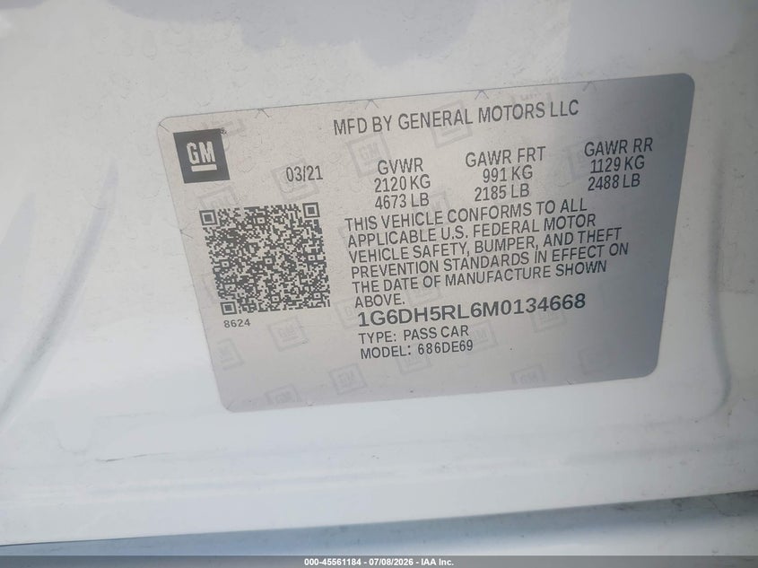 2021 Cadillac Ct4 V-Series VIN: 1G6DH5RL6M0134668 Lot: 45561184