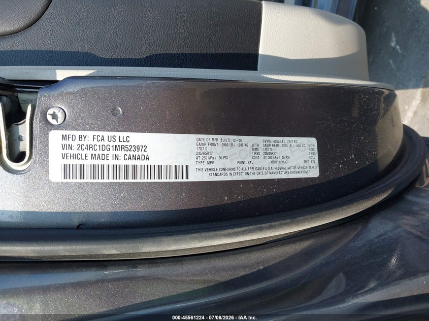 2021 Chrysler Voyager Lxi VIN: 2C4RC1DG1MR523972 Lot: 45561224