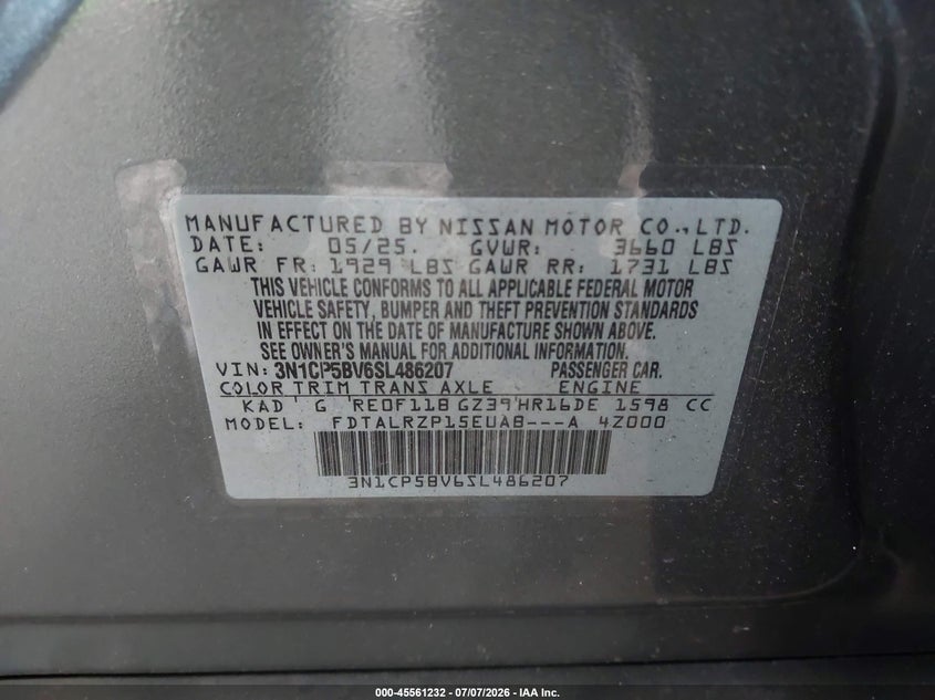 2025 Nissan Kicks Play S VIN: 3N1CP5BV6SL486207 Lot: 45561232