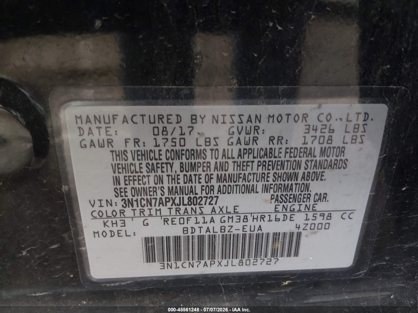 2018 Nissan Versa 1.6 Sv VIN: 3N1CN7APXJL802727 Lot: 45561248