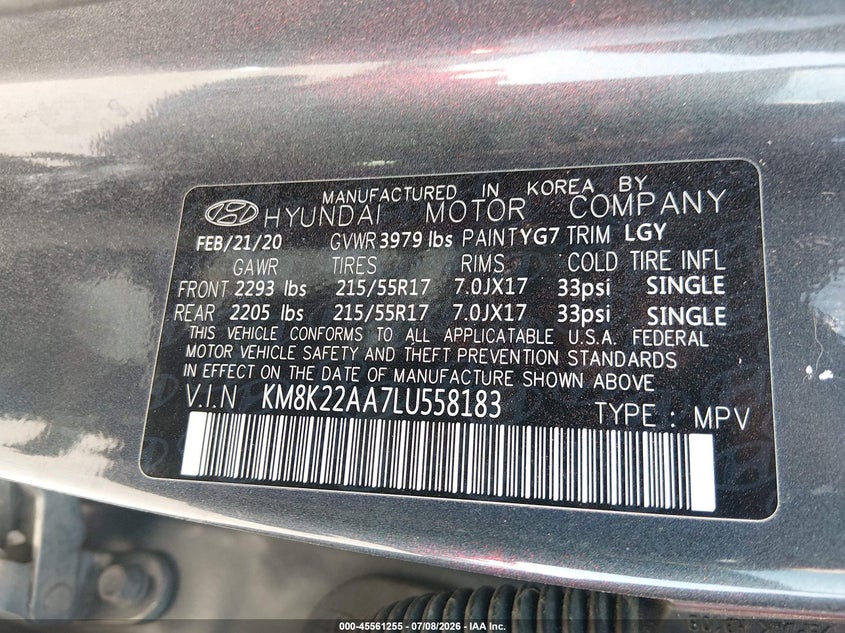 2020 Hyundai Kona Sel VIN: KM8K22AA7LU558183 Lot: 45561255