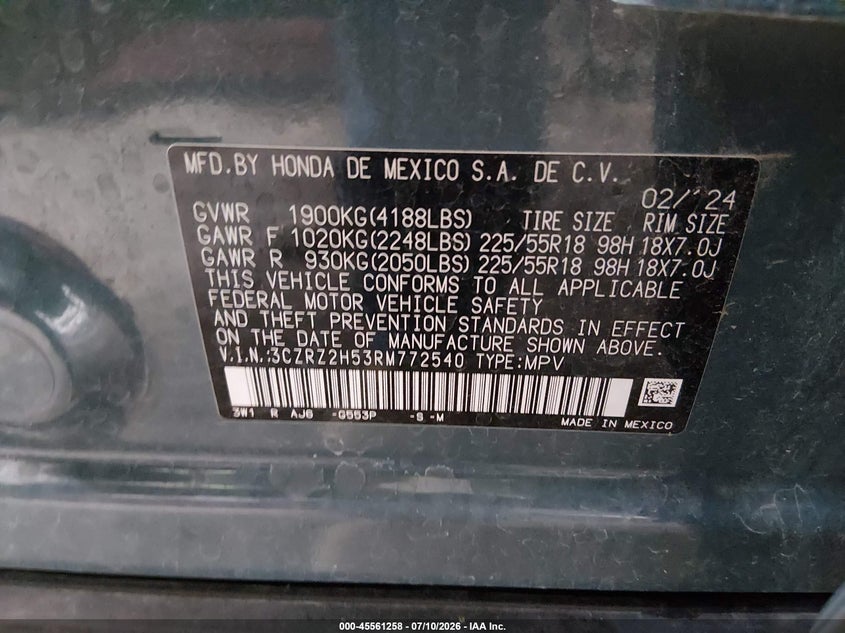 2024 Honda Hr-V Awd Sport/Awd Sport W/O Bsi VIN: 3CZRZ2H53RM772540 Lot: 45561258