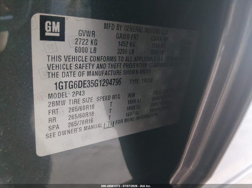 2016 GMC Canyon 4Wd Slt VIN: 1GTG6DE35G1294796 Lot: 45561272