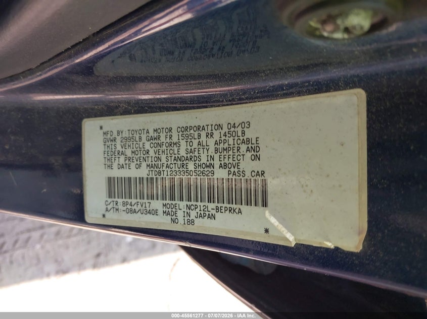 2003 Toyota Echo VIN: JTDBT123335052629 Lot: 45561277