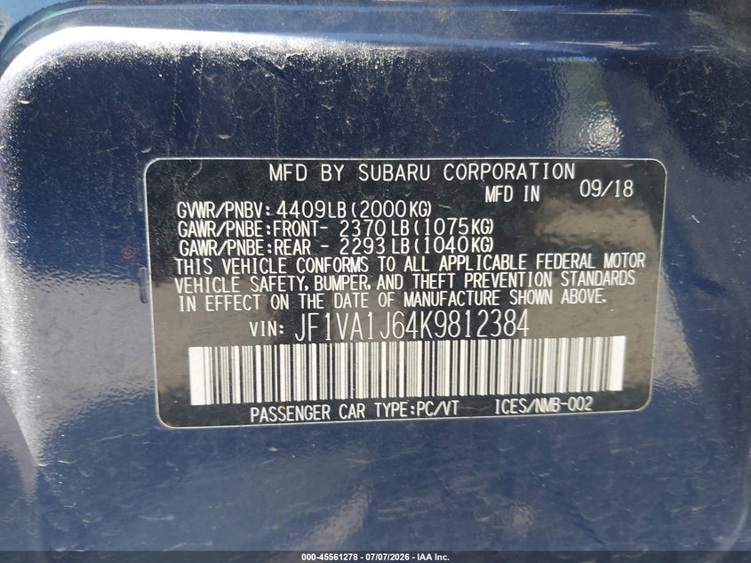 2019 Subaru Wrx Limited VIN: JF1VA1J64K9812384 Lot: 45561278