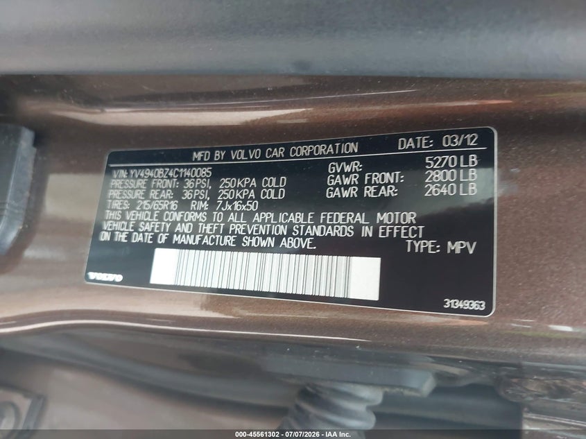2012 Volvo Xc70 3.2L/3.2L Platinum/3.2L Premier/3.2L Premier Plus VIN: YV4940BZ4C1140085 Lot: 45561302